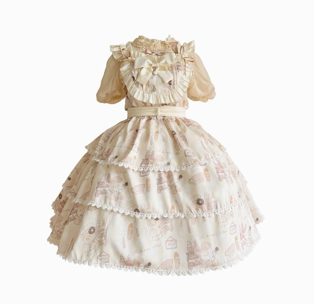 Sweet Printing Lace Bow Lolita Dress Plus Size Short Sleeved Cute Princess Dress Chiffon