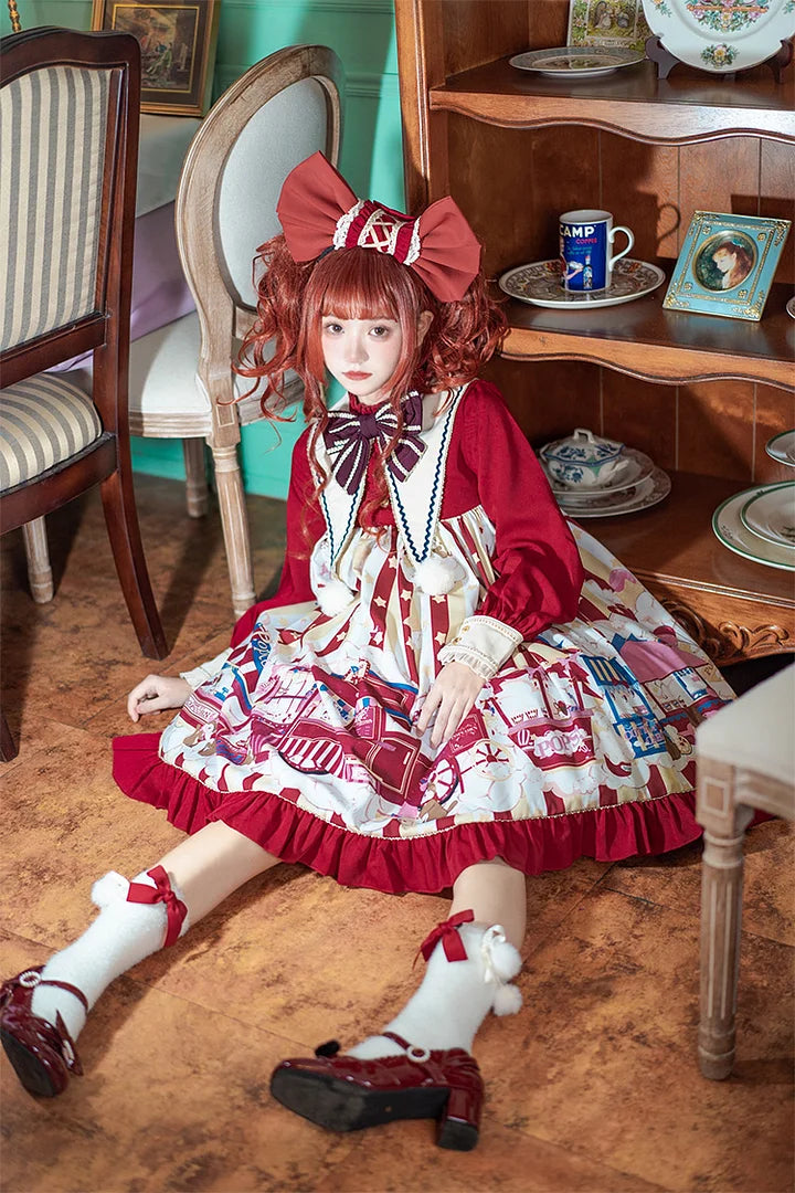 Sweet Lolita Red Amusement Park Print Dress Long Sleeve Cute Dress Autumn