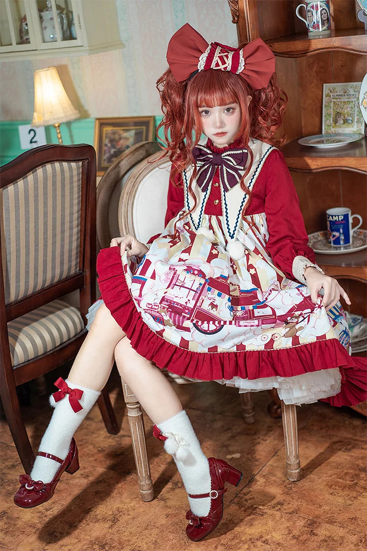 Sweet Lolita Red Amusement Park Print Dress Long Sleeve Cute Dress Autumn