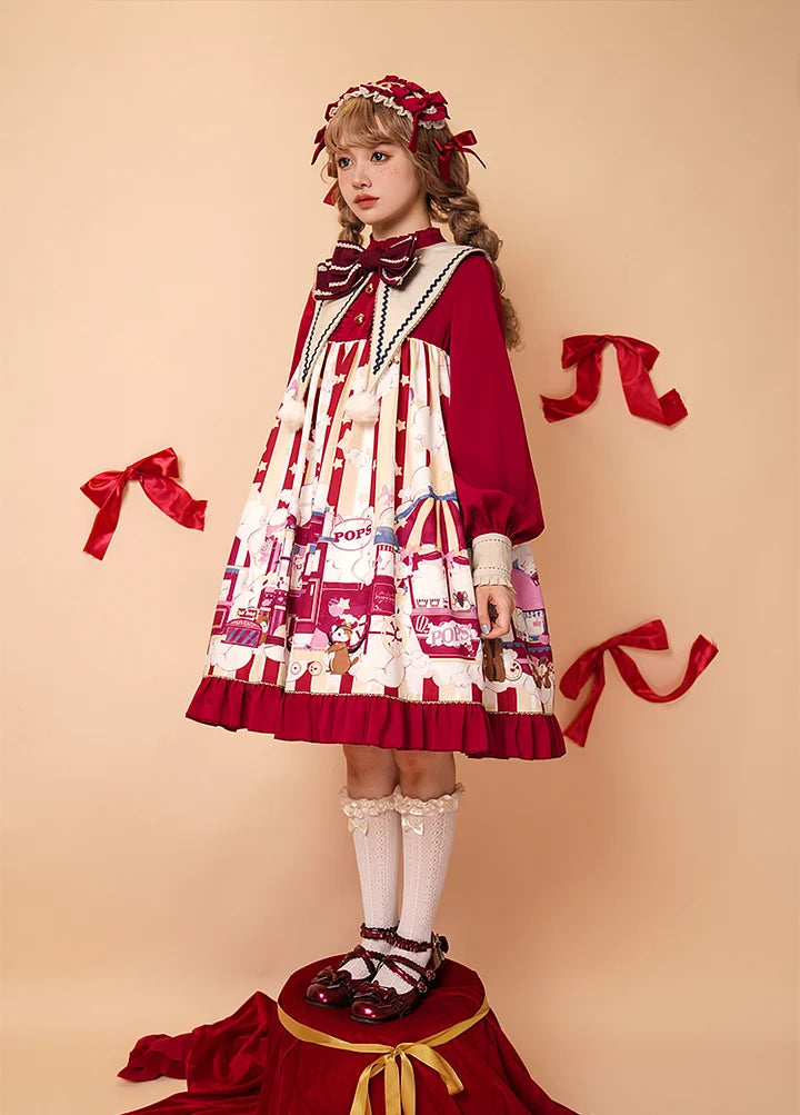Sweet Lolita Red Amusement Park Print Dress Long Sleeve Cute Dress Autumn