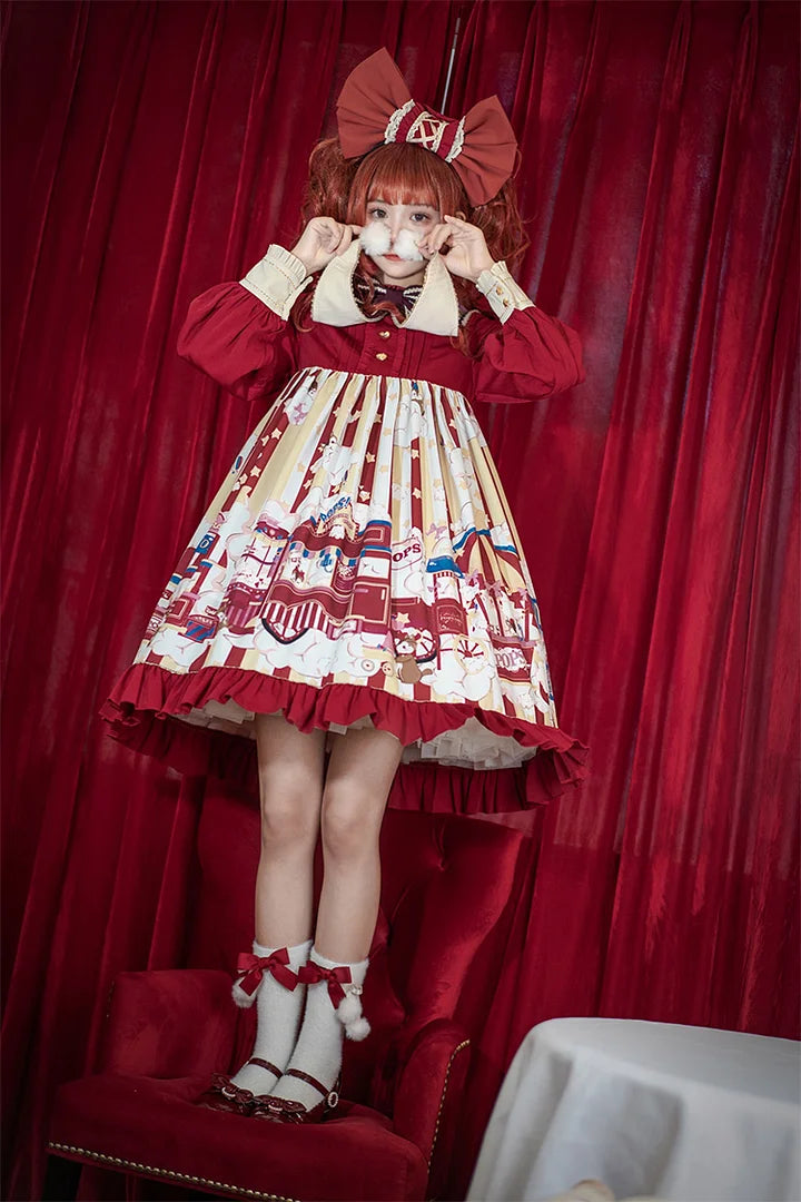 Sweet Lolita Red Amusement Park Print Dress Long Sleeve Cute Dress Autumn