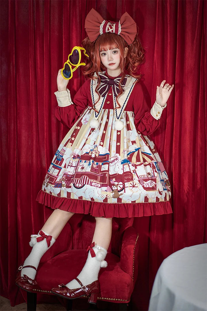 Sweet Lolita Red Amusement Park Print Dress Long Sleeve Cute Dress Autumn