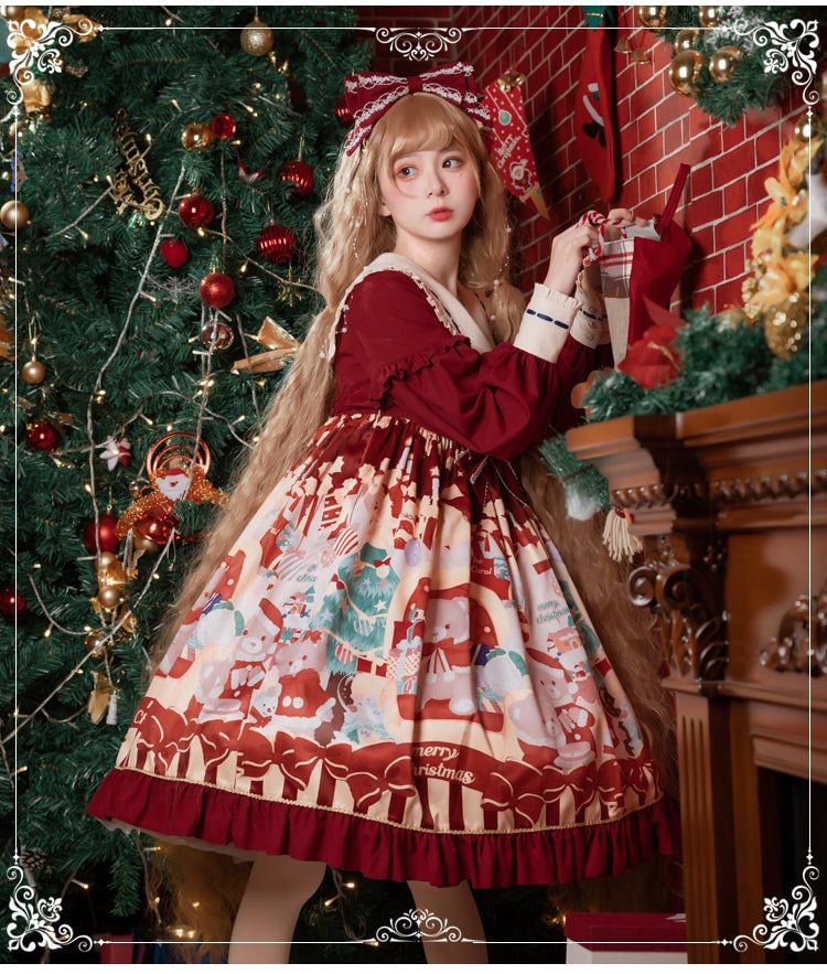 Sweet Red Christmas Square Neck Fall Lolita Printed Dress OP Fall Winter Casual
