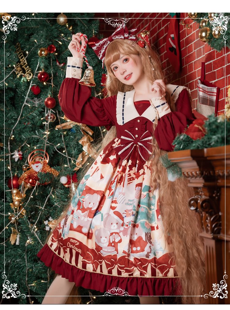 Sweet Red Christmas Square Neck Fall Lolita Printed Dress OP Fall Winter Casual