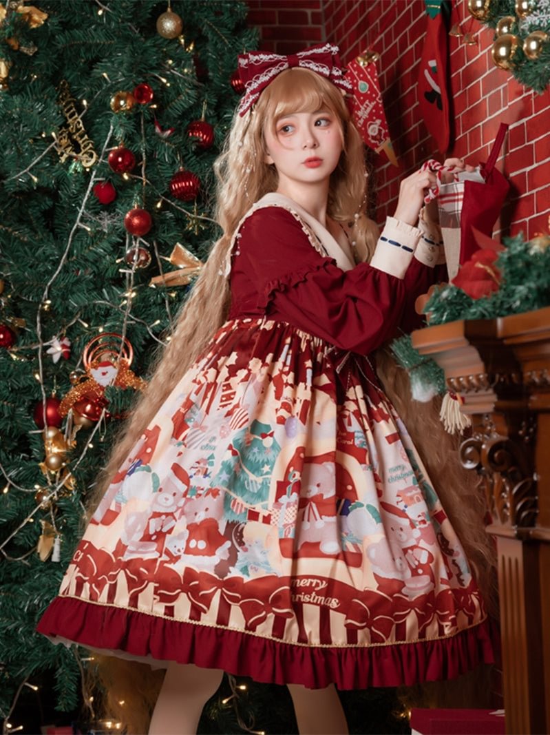 Sweet Red Christmas Square Neck Fall Lolita Printed Dress OP Fall Winter Casual