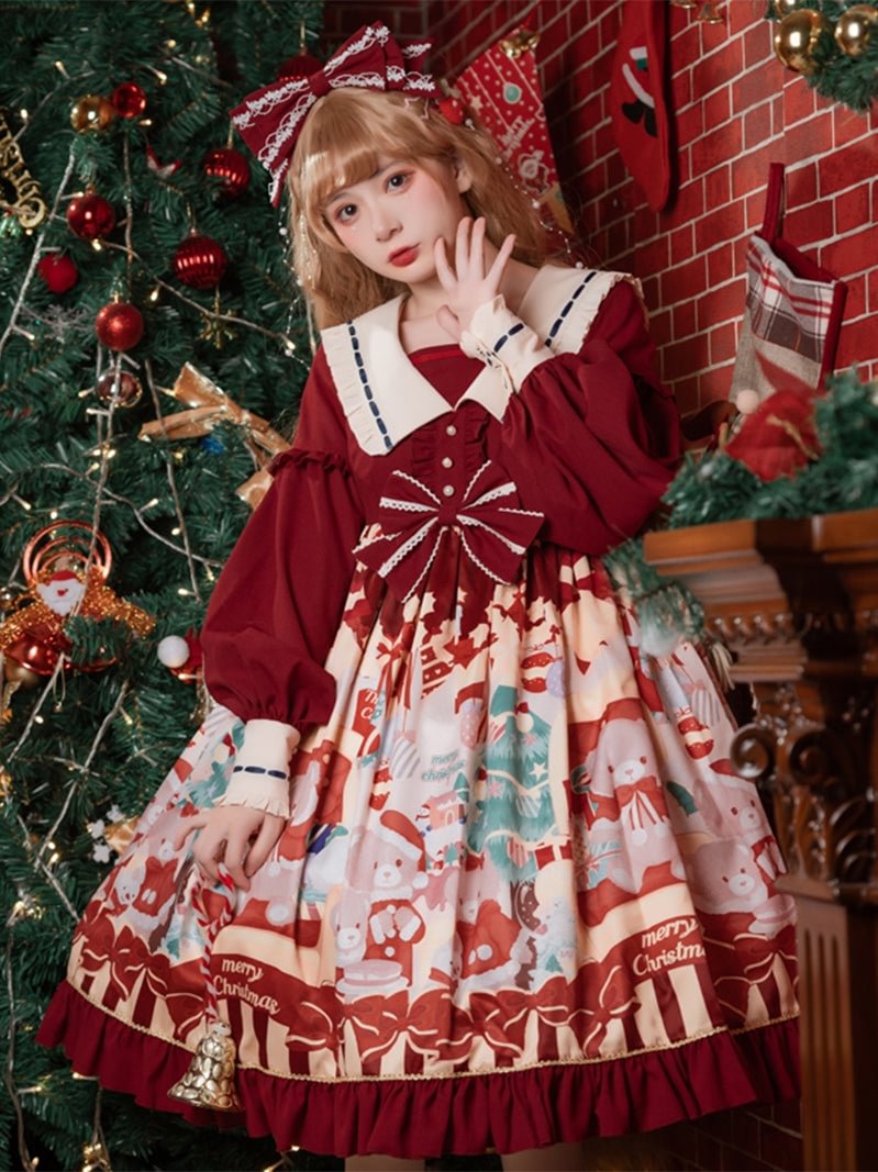 Sweet Red Christmas Square Neck Fall Lolita Printed Dress OP Fall Winter Casual