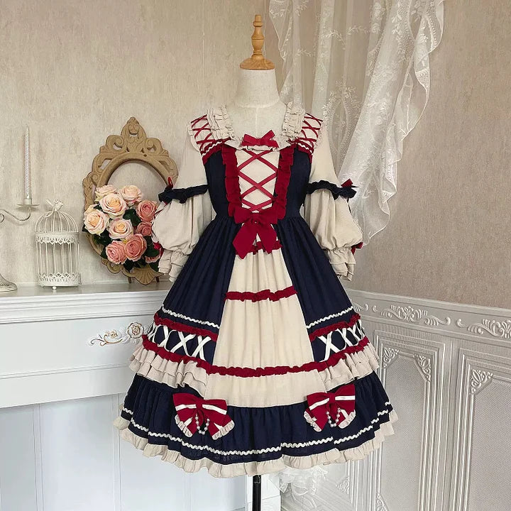 Sweet Ruffls Bow Lolita Dress Snow White Long Sleeved Daily Long Dress in Autumn OP
