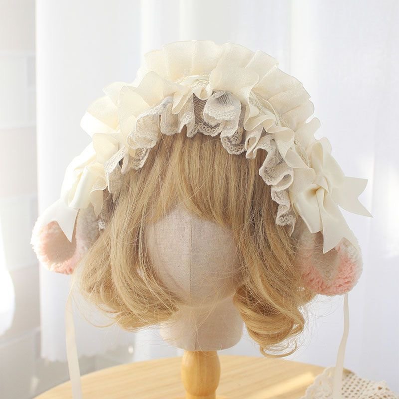 Lolita Accessories Headwear Pink Blue Sweet Sheep Ears Hairband Lace Ruffle Hair Accessories