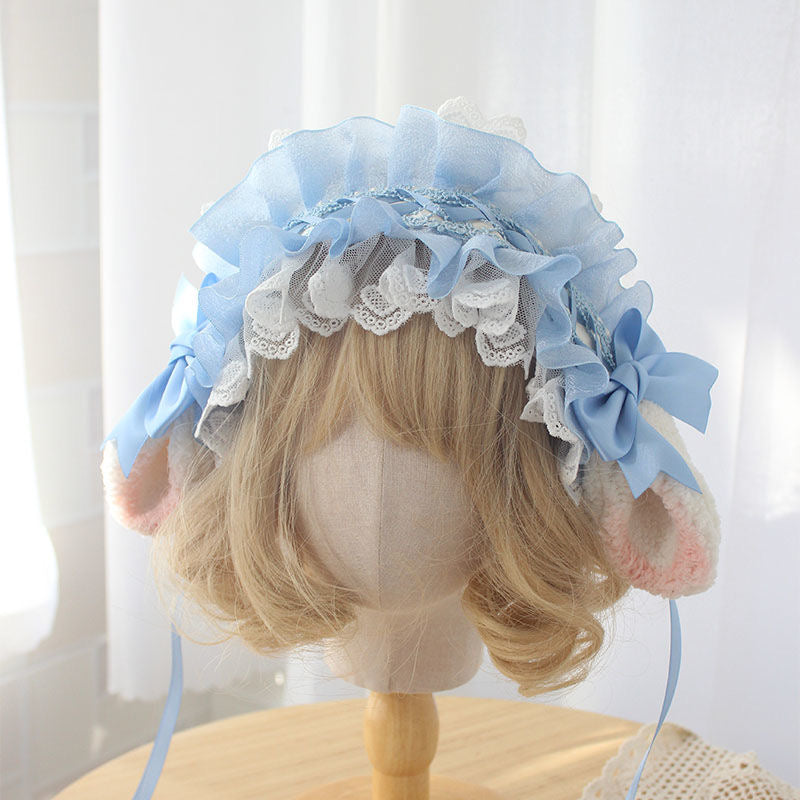 Lolita Accessories Headwear Pink Blue Sweet Sheep Ears Hairband Lace Ruffle Hair Accessories