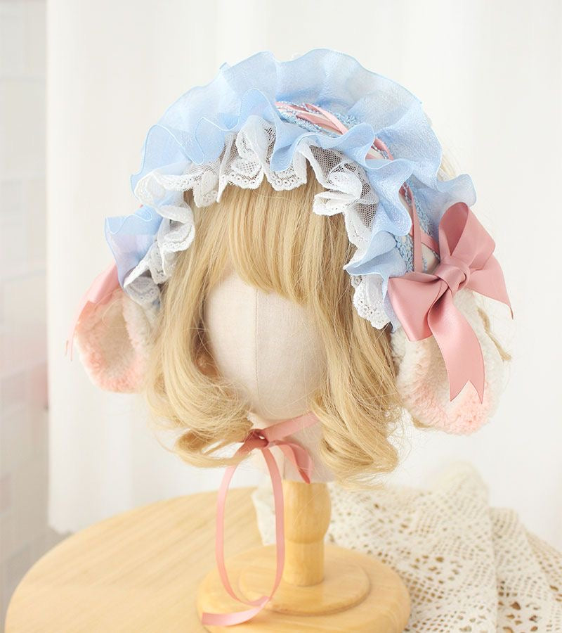 Lolita Accessories Headwear Pink Blue Sweet Sheep Ears Hairband Lace Ruffle Hair Accessories