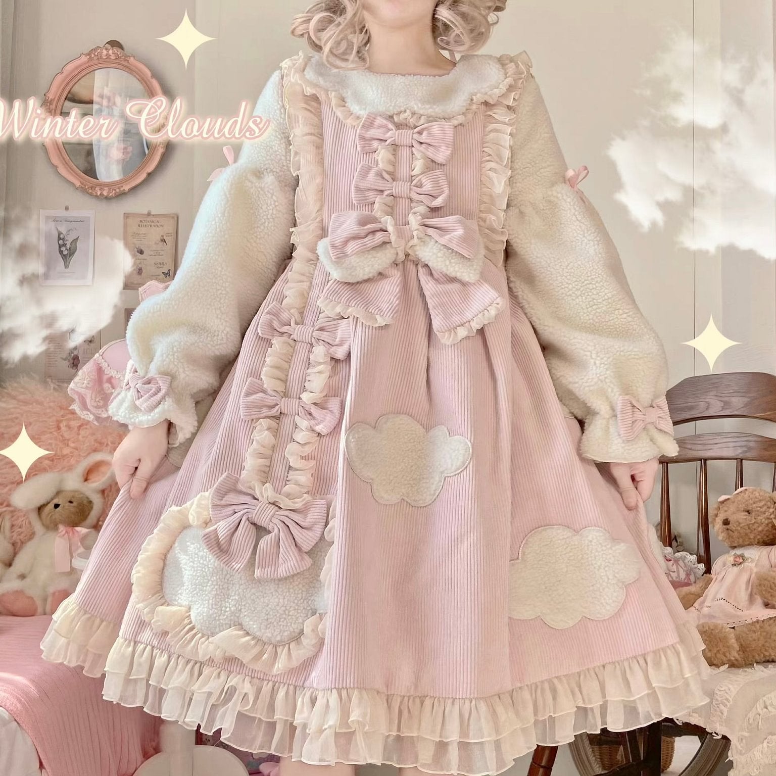 Sweet Winter Velvet Lolita Dress Pink Blue OP Dress
