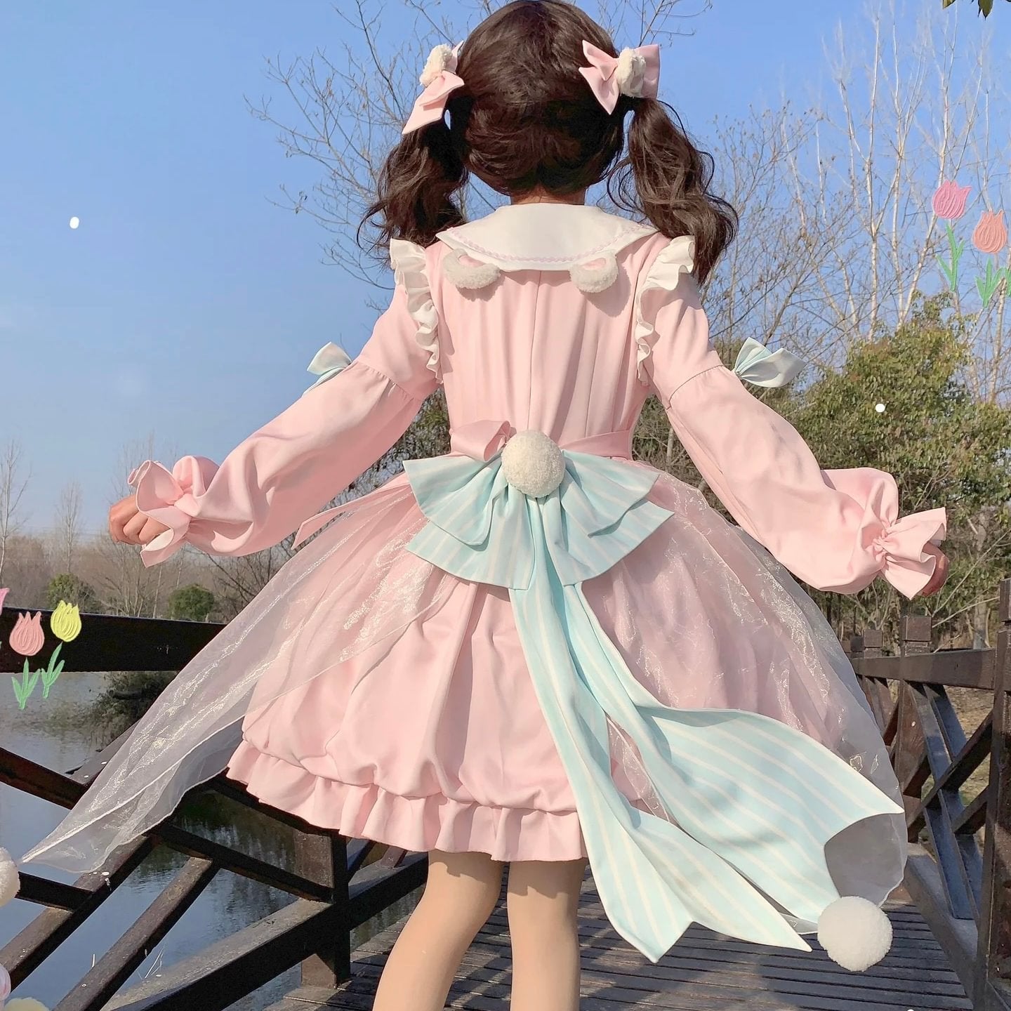 Sweet and Cute Bear OP Lolita Pink Long-sleeved Lolita Dress