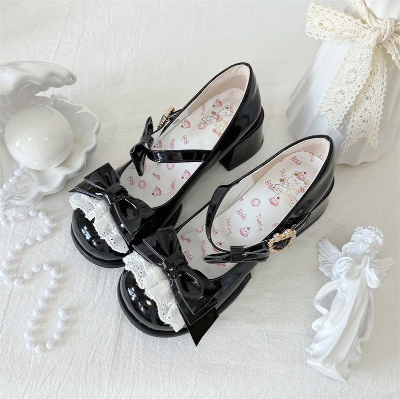 Sweet Lolita Black Brown Bow Accented Sweet Lolita Mary Janes Medium Heel Big Head Doll Round Head 5cm