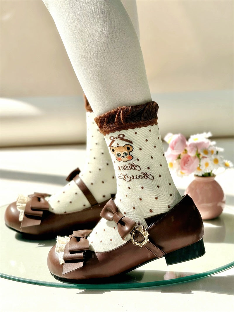 Sweet Lolita Black Brown Bow Accented Sweet Lolita Mary Janes Medium Heel Big Head Doll Round Head 5cm