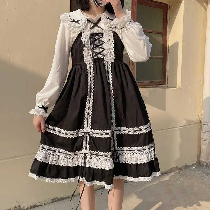 Sweet Lolita Christmas Red Black Lolita Long-sleeved Inner Velvet Cute Shirt Blouse JSK Autumn and Winter Red and Black