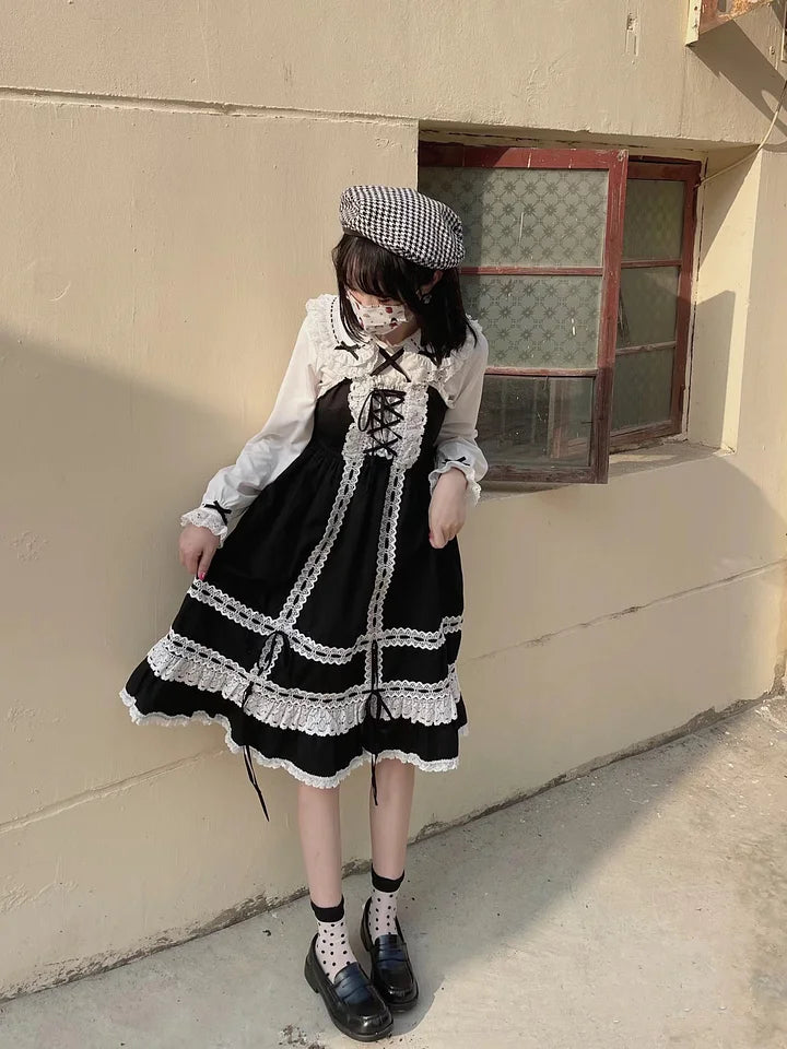 Sweet Lolita Christmas Red Black Lolita Long-sleeved Inner Velvet Cute Shirt Blouse JSK Autumn and Winter Red and Black