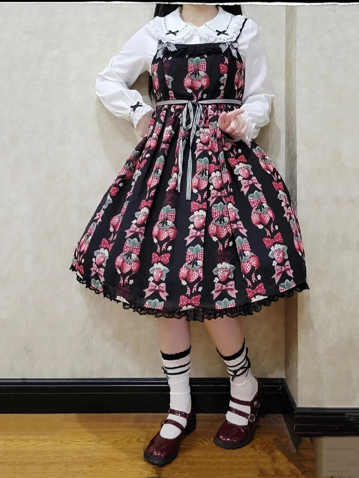 Sweet Lolita Christmas Red Black Lolita Long-sleeved Inner Velvet Cute Shirt Blouse JSK Autumn and Winter Red and Black
