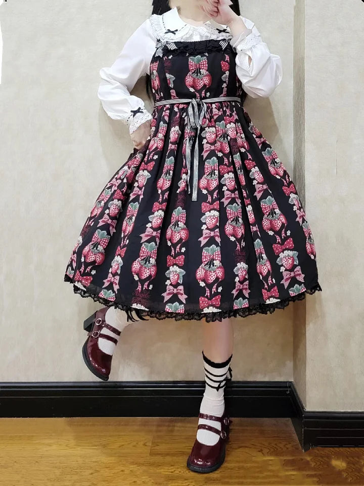 Sweet Lolita Christmas Red Black Lolita Long-sleeved Inner Velvet Cute Shirt Blouse JSK Autumn and Winter Red and Black