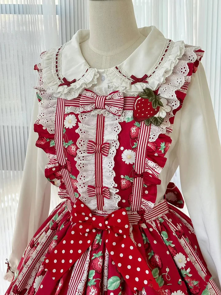 Sweet Lolita Christmas Red Black Lolita Long-sleeved Inner Velvet Cute Shirt Blouse JSK Autumn and Winter Red and Black