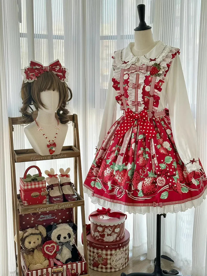 Sweet Lolita Christmas Red Black Lolita Long-sleeved Inner Velvet Cute Shirt Blouse JSK Autumn and Winter Red and Black