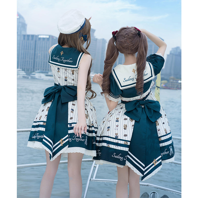 Sweet Lolita Navy Blue And White New Lolita Princess Teddy Bear Dress Original Dress With Bow
