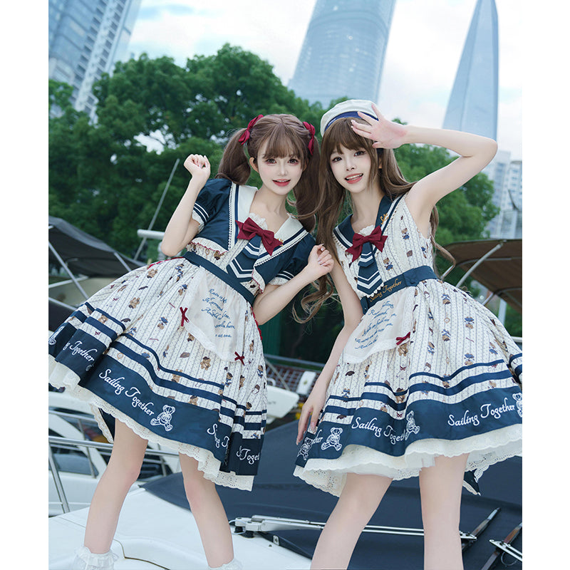 Sweet Lolita Navy Blue And White New Lolita Princess Teddy Bear Dress Original Dress With Bow