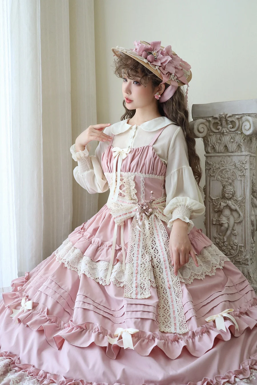 Sweet Lolita Red Pink Lace Elegant Lolita Ruffled Hem JSK Dress Casual Coord Daily Outfit