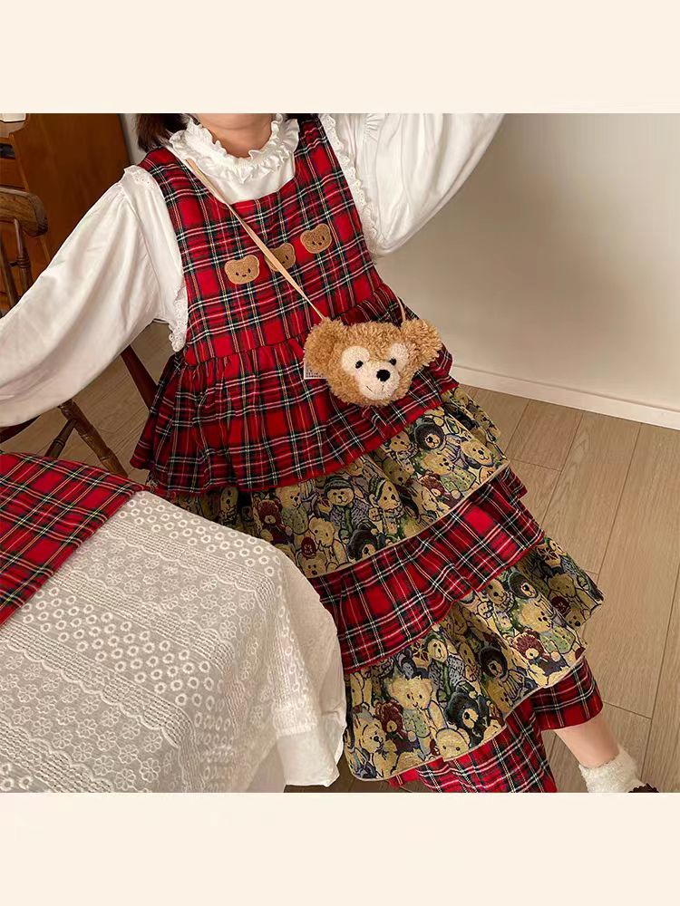 Sweet Lolita Japanese Retro Red Plaid Skirt Fall Winter Cake Skirt for Christmas