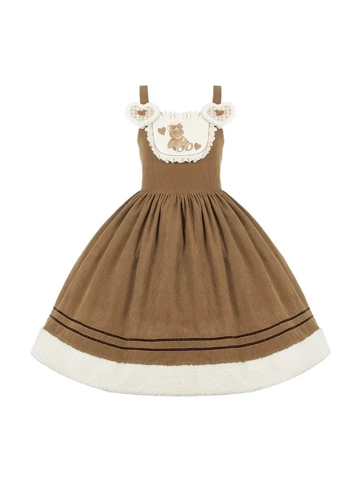 Sweetheart Bear Corduroy Embroider Lolita Winter Dress JSK Brown Slip Dress for Gilrs
