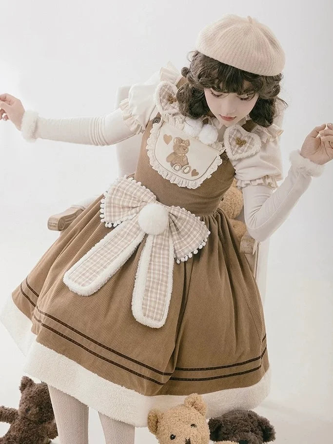 Sweetheart Bear Corduroy Embroider Lolita Winter Dress JSK Brown Slip Dress for Gilrs
