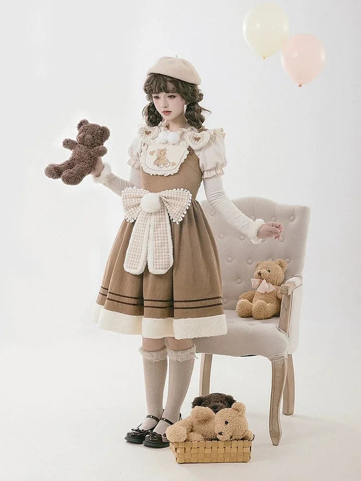Sweetheart Bear Corduroy Embroider Lolita Winter Dress JSK Brown Slip Dress for Gilrs