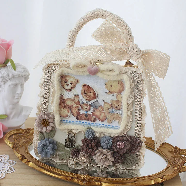 Lolita Bag Sweetheart Bear Print Flower Winter Plush Tea Party Frame Lace