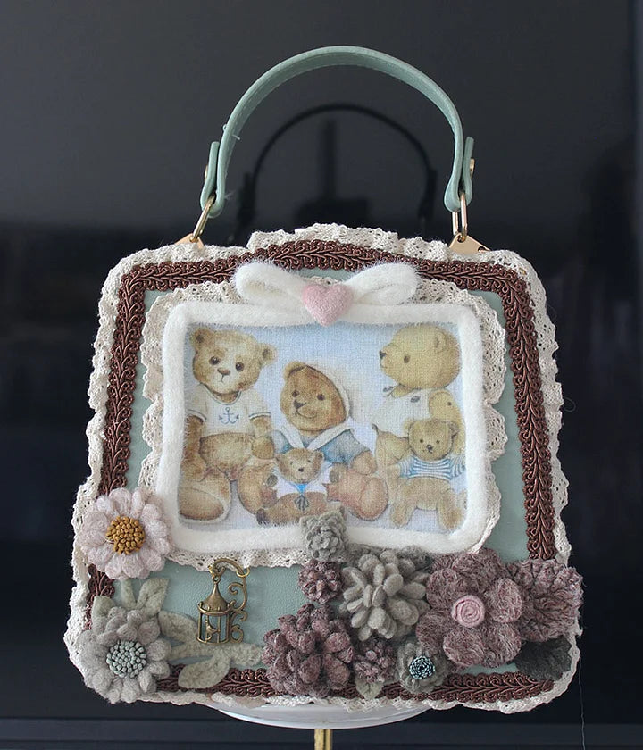 Lolita Bag Sweetheart Bear Print Flower Winter Plush Tea Party Frame Lace