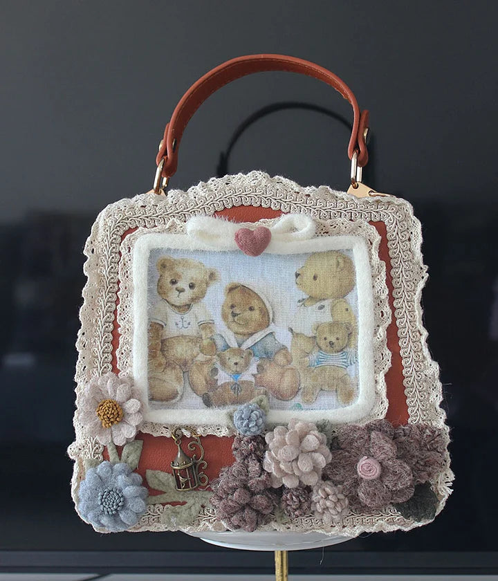 Lolita Bag Sweetheart Bear Print Flower Winter Plush Tea Party Frame Lace