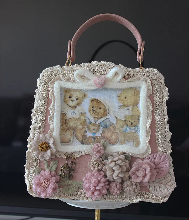 Lolita Bag Sweetheart Bear Print Flower Winter Plush Tea Party Frame Lace
