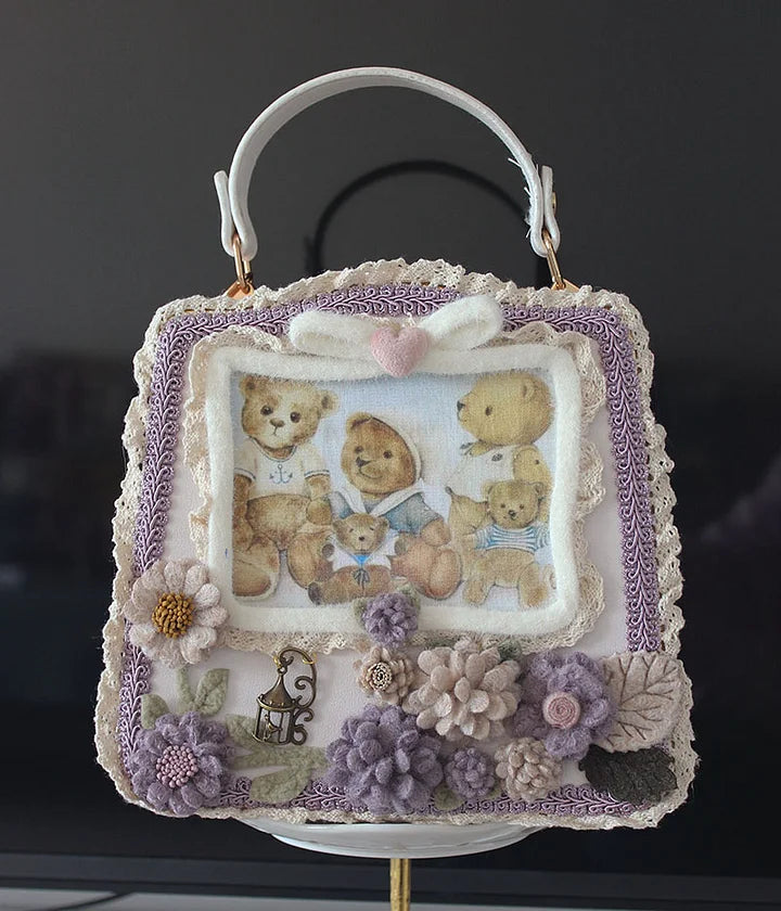 Lolita Bag Sweetheart Bear Print Flower Winter Plush Tea Party Frame Lace