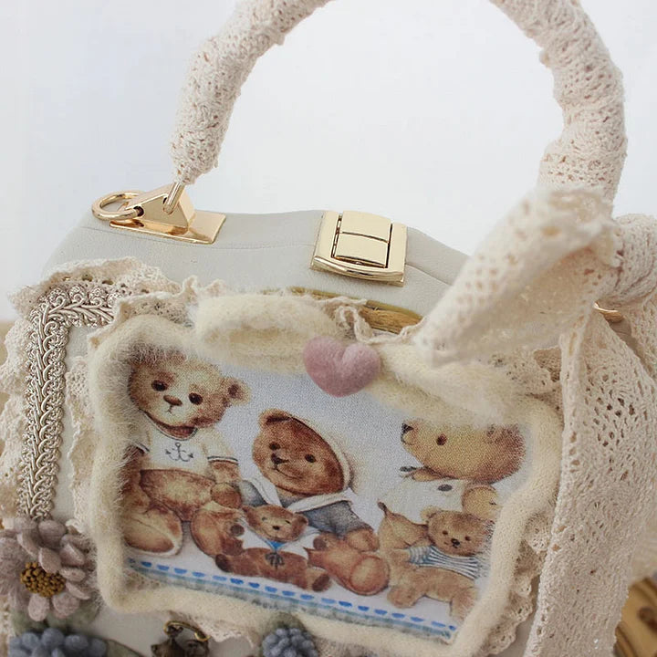 Lolita Bag Sweetheart Bear Print Flower Winter Plush Tea Party Frame Lace