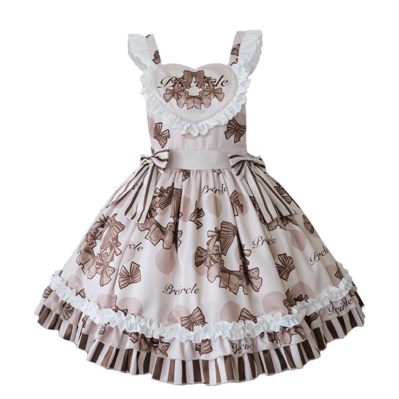 Sweetheart Cute Light Brown Jacquard Short Sleeve Short Dress Lolita Ruffle Hem JSK Shirt