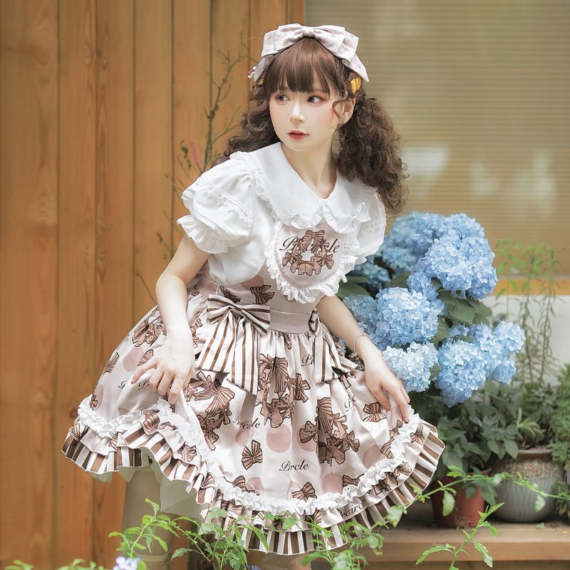 Sweetheart Cute Light Brown Jacquard Short Sleeve Short Dress Lolita Ruffle Hem JSK Shirt