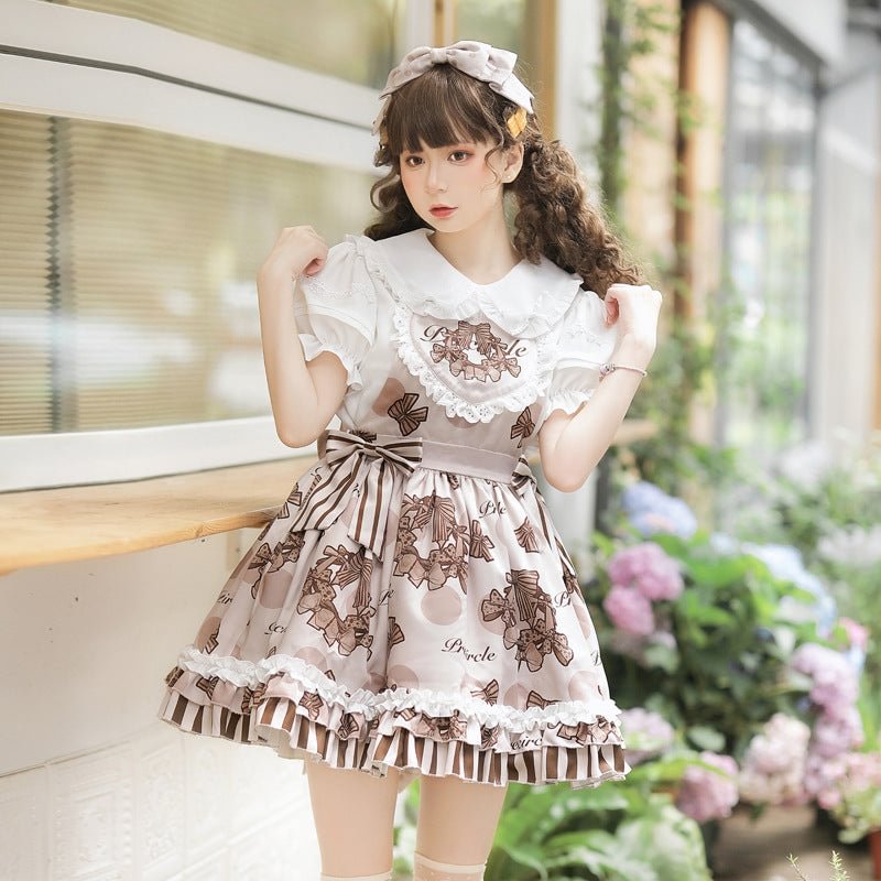 Sweetheart Cute Light Brown Jacquard Short Sleeve Short Dress Lolita Ruffle Hem JSK Shirt