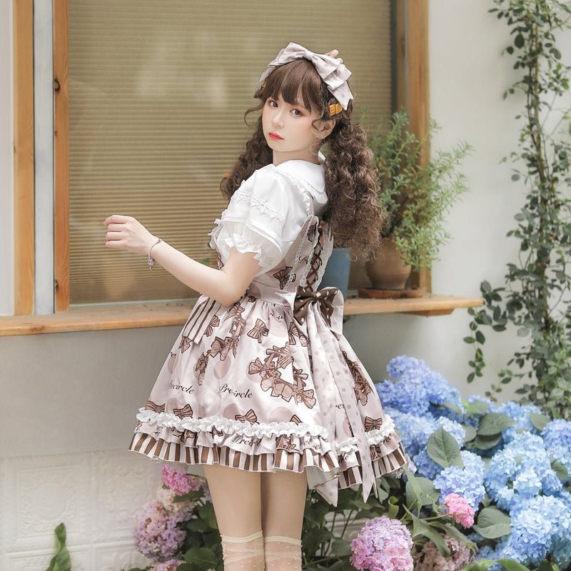 Sweetheart Cute Light Brown Jacquard Short Sleeve Short Dress Lolita Ruffle Hem JSK Shirt