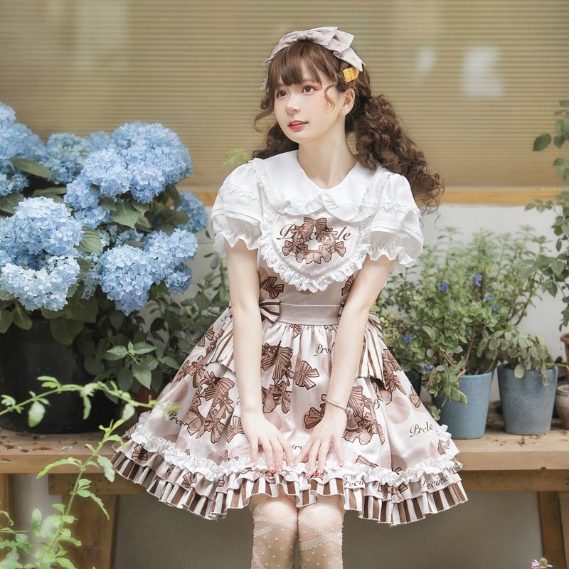 Sweetheart Cute Light Brown Jacquard Short Sleeve Short Dress Lolita Ruffle Hem JSK Shirt