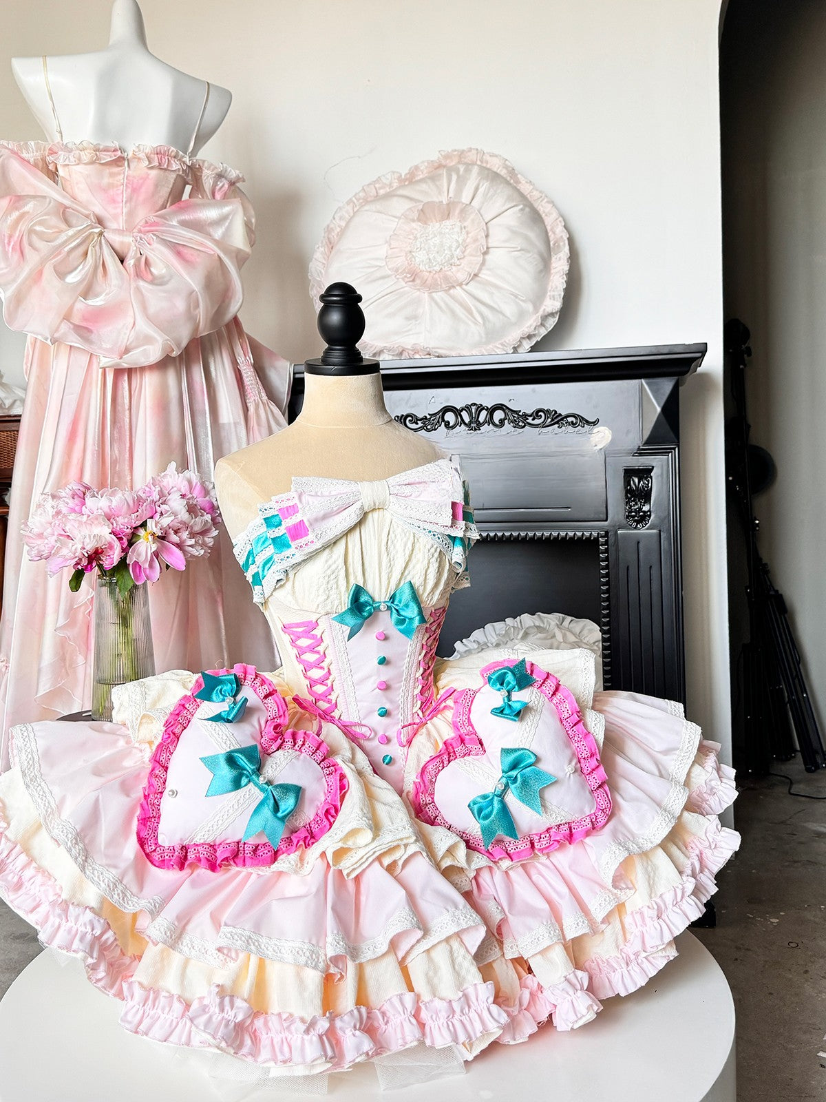 Hime Lolita Sweetheart Pink Blue Multi Layer Lace Cake Dress