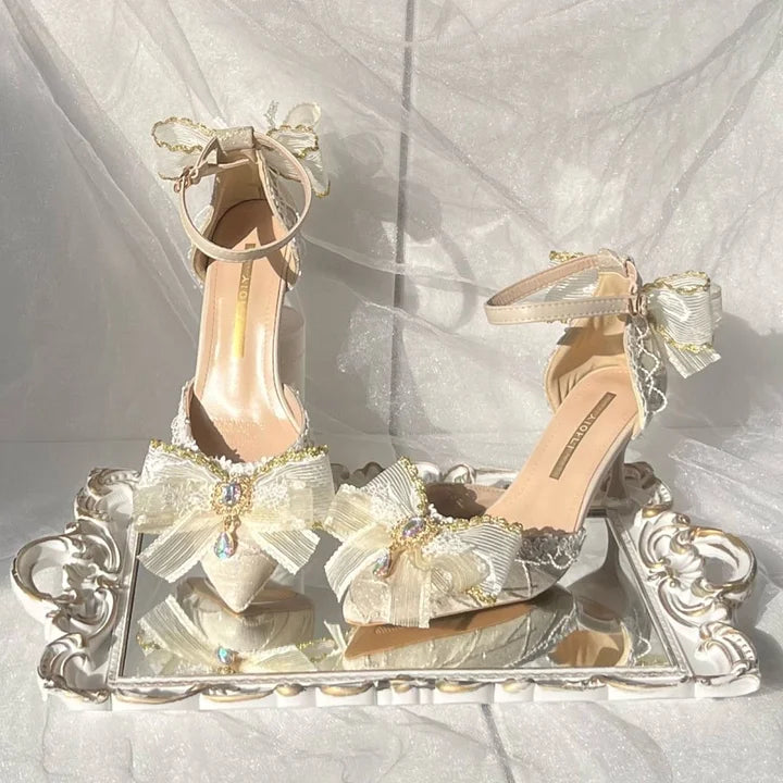Sweetslolita Gorgeous Pointed-toe Mid Heel Shoes Bow Party Shoes for Women Stiletto