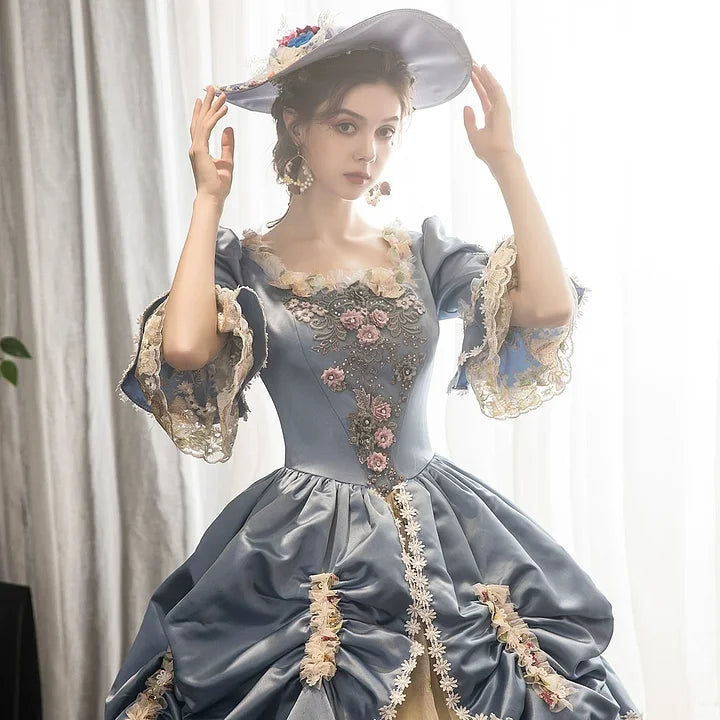 Classic Lolita Tea Party Fashion Grey Blue Retro Victorian Dress Court Style Ball Gown Elegant Rococo Costume