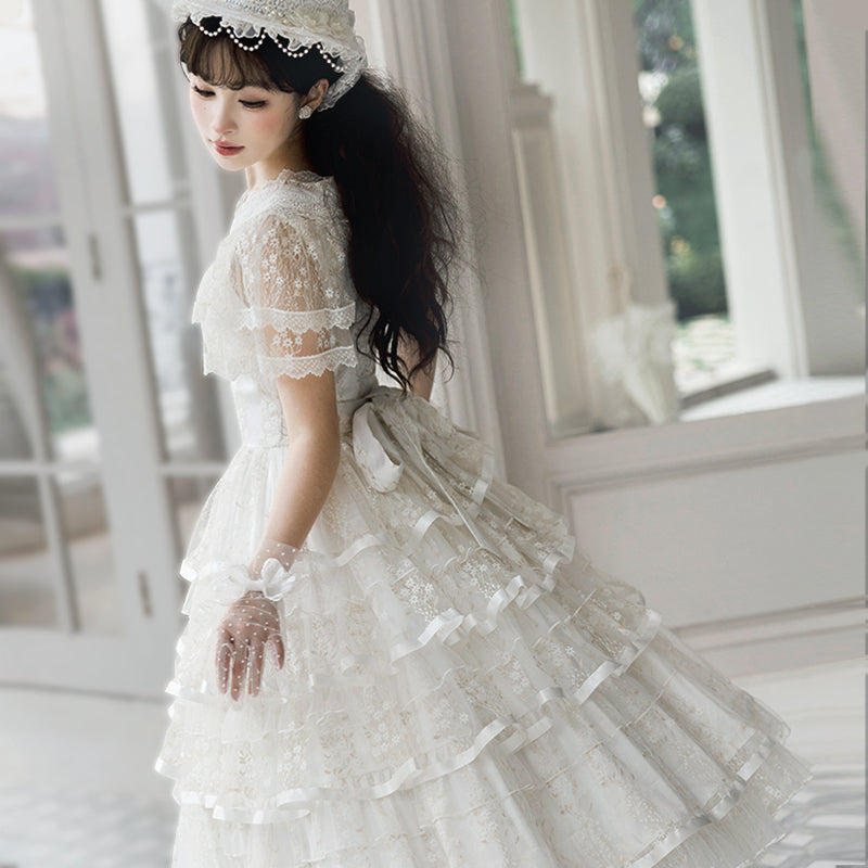 Hime Lolita Tea Party Fashion Classic White Dress Wedding Gold Mesh Embroidery