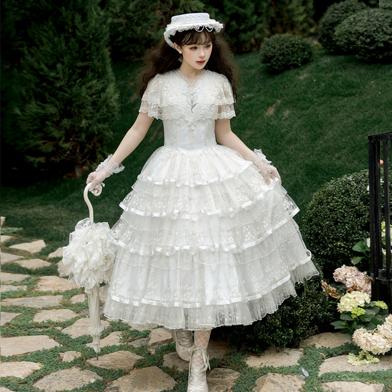 Hime Lolita Tea Party Fashion Classic White Dress Wedding Gold Mesh Embroidery
