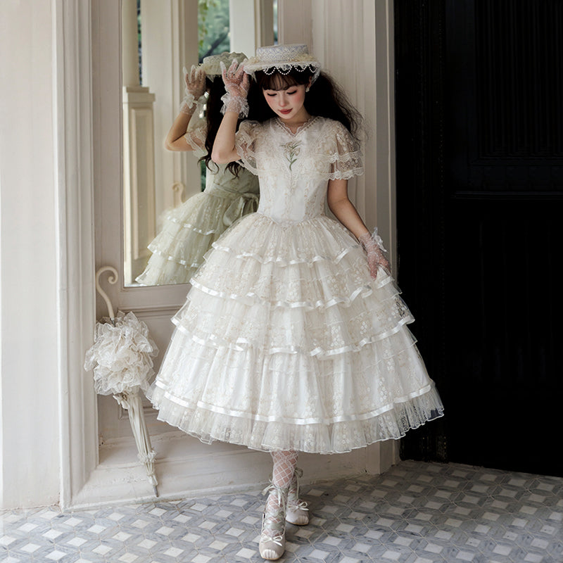 Hime Lolita Tea Party Fashion Classic White Dress Wedding Gold Mesh Embroidery