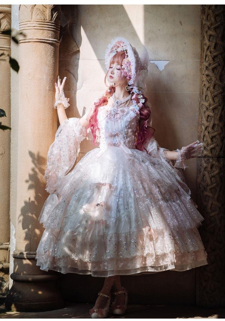 Tea Party Fashion Hime Lolita Pink Blue Gorgeous Floral Party Lolita Long Lace Layered JSK