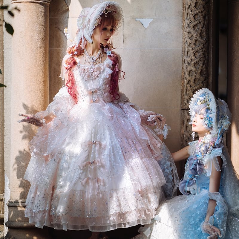Tea Party Fashion Hime Lolita Pink Blue Gorgeous Floral Party Lolita Long Lace Layered JSK